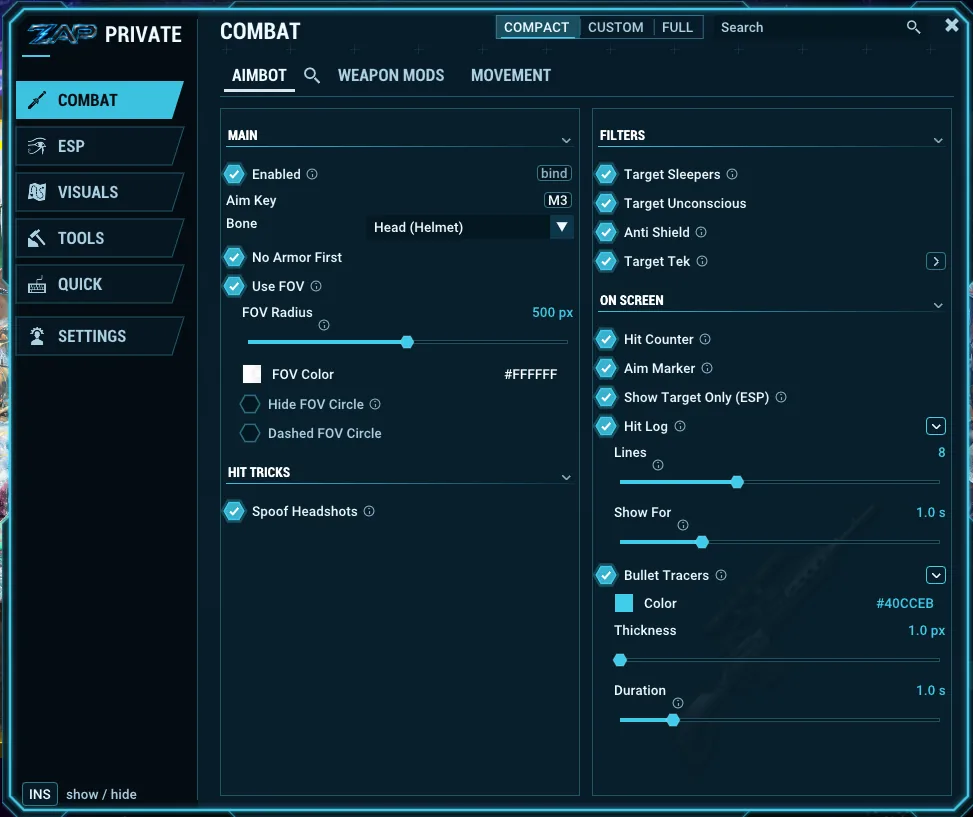 ZAP menu — Combat / Aimbot