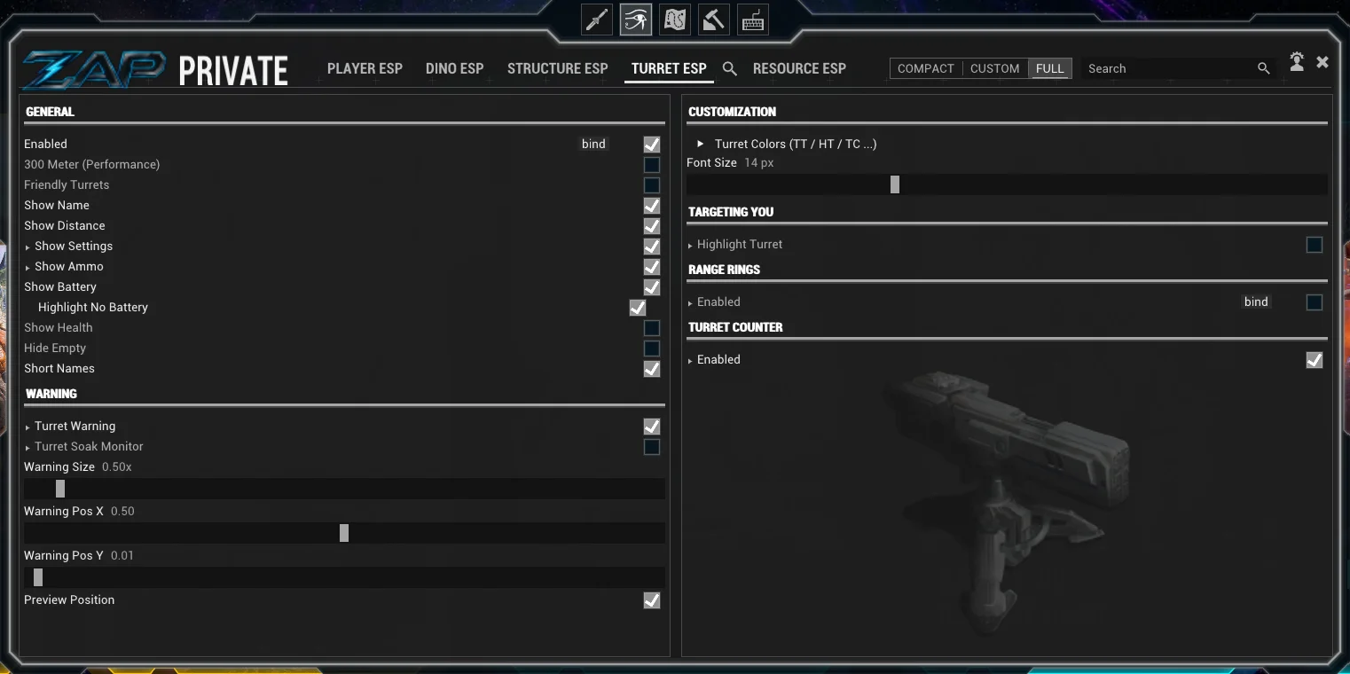 ZAP menu — Turret ESP