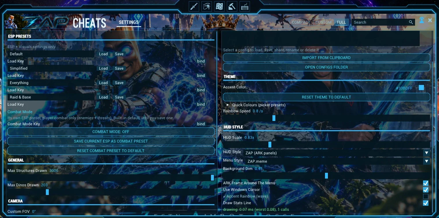 ZAP menu — Settings / Theme