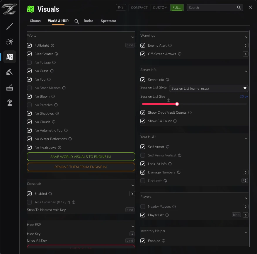 ZAP menu — Visuals / World & HUD